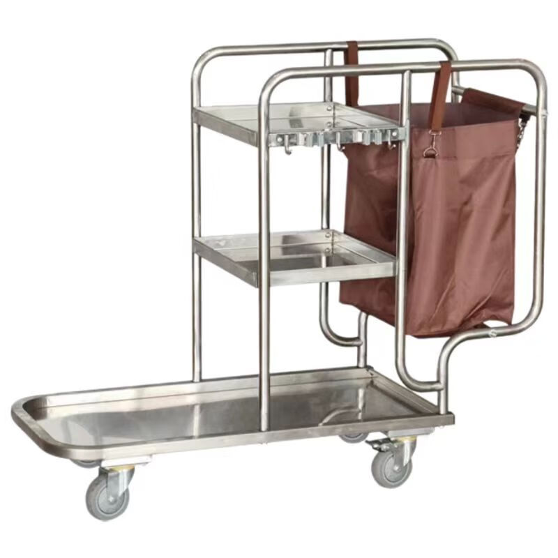 Stainless steel cleaning cart, cleaning cart, tool cart, hotel guest cart, linen cart, property cleaning cart, gray wheel brake wheel cleaning cart (with hook)