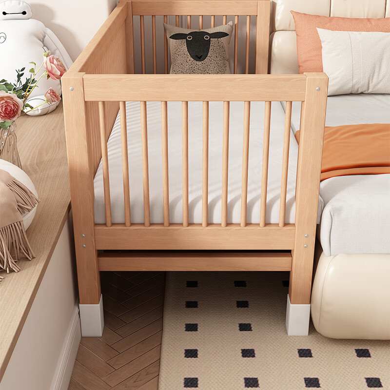 Intelligent Tree Beech Spliced Bed Crib Solid Wood Children's Bed Extra Wide Bedside Small Bed Flat Connected to Large Bed Adults Can Sleep Can Be Customized All Beech Wood Single Bedside Style + 7cm Removable and Washable Coconut Palm Latex Mat 180*70cm