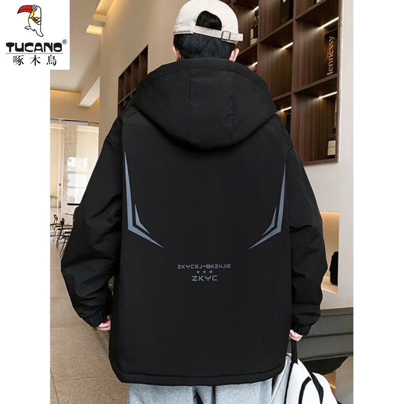 Woodpecker 2025 new youth autumn and winter velvet thickened jacket junior high school and high school students loose trendy sports jacket 10637-717 black (velvet coat) thickened 2XL 135-150 catties or so