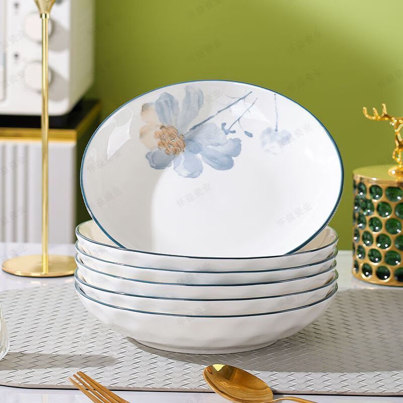 Taixige New High-Looking Exquisite Underglaze Colored Ceramic Tableware Anti-scalding Internet Celebrity Rice Bowl Dinner Plate Thickened New Ceramic Tableware Ningxiang Series Underglaze Colored Ceramic Tableware 6.5-inch Round Plate 10 Pack