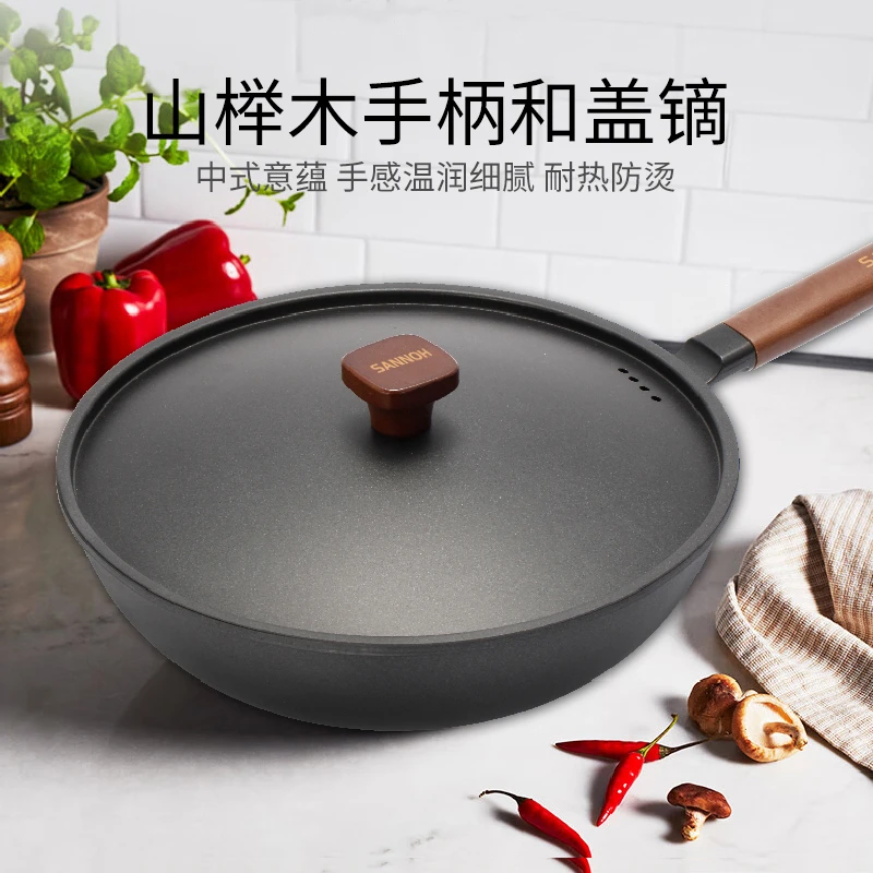 Sanno Industrial (SANNOH) no-opening Japanese uncoated household Japanese-style extremely iron pot 32cm stir-fry pot anti-scalding with lid original iron pot + iron lid + silicone spatula 32cm