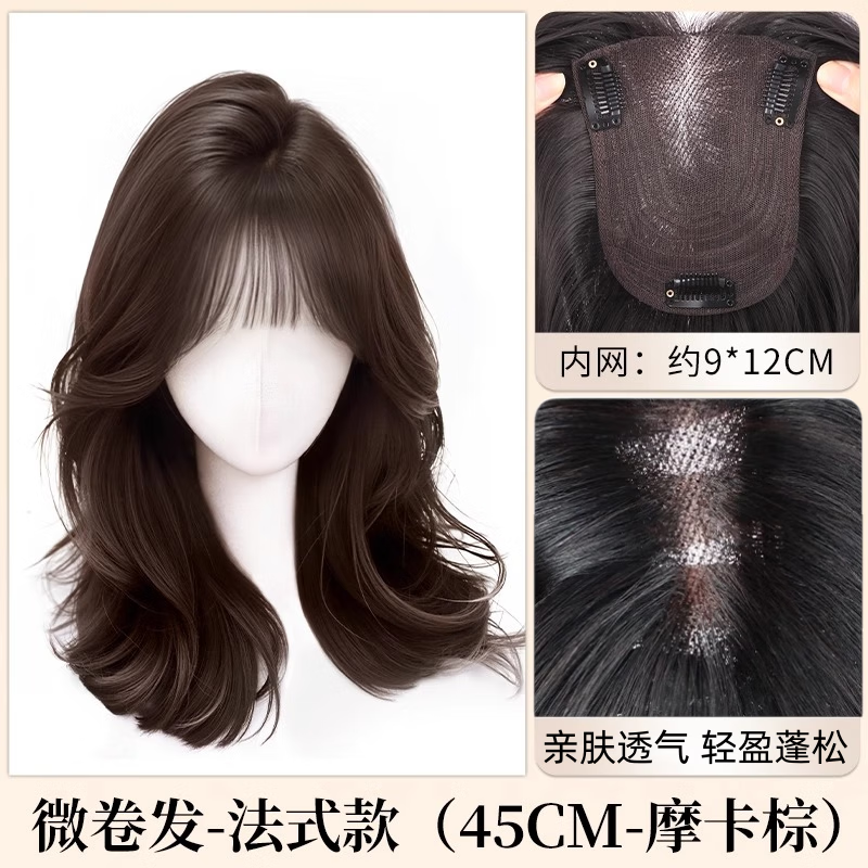 Qiansiya wig for women with long hair, no need to wear a hair net to replace the hair on the top of the head, fluffy and increase the hair volume, cover white hair, high skull curly wig piece, Korean style micro curly hair - French style 9*12 mocha brown 45cm