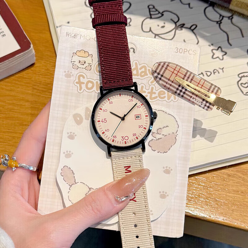 Xiaomi Buyi Junior High School High School Student Watch Middle School Female Teenager Calendar Quartz Watch Canvas Strap High School Exam Special Watch Black and White Strap-Calendar Style