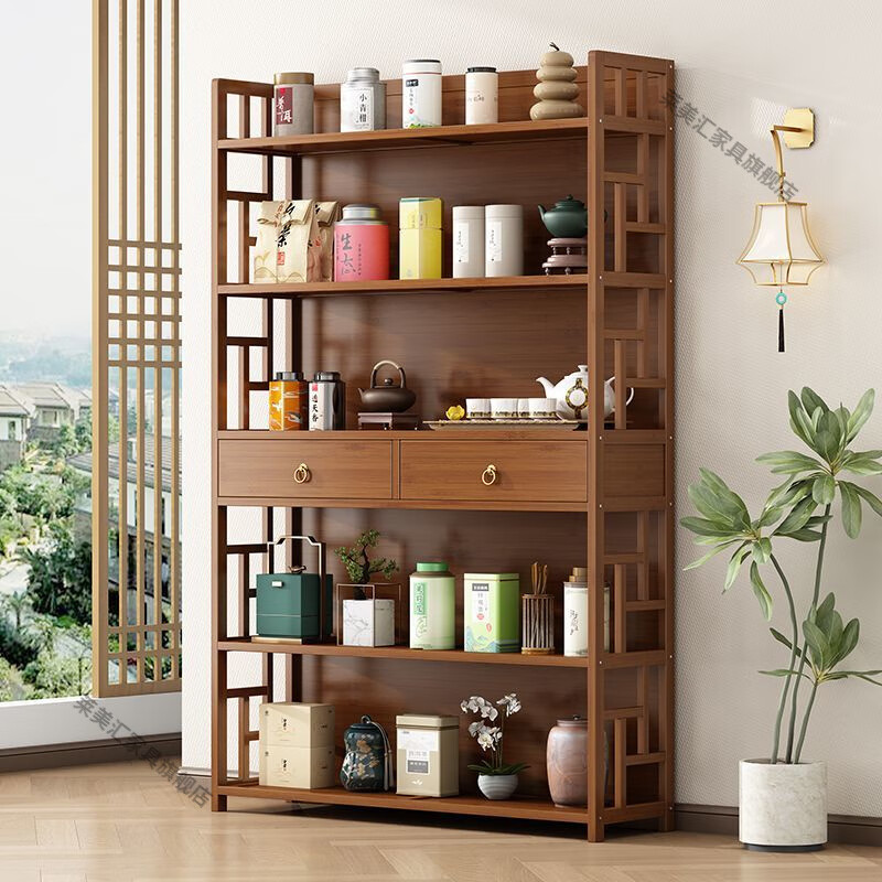 Laimeihui tea rack tea cabinet storage rack Bogu rack small tea set rack storage cabinet tea display cabinet tea room Duobao Pavilion 3 layers 50 long with drawer