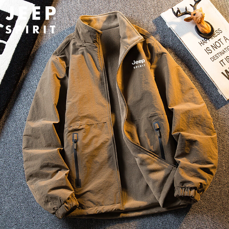 JEEP SPIRIT Jeep plus velvet thickened double-sided jacket men's autumn and winter warm polar fleece stand-up collar jacket camel XL