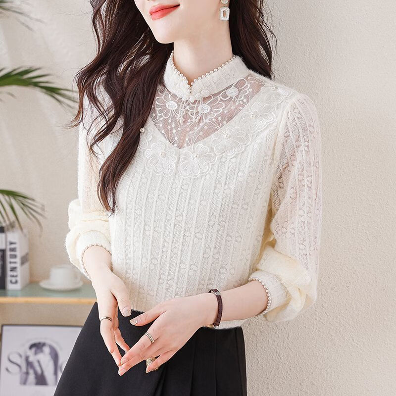 Xia Dian Suding Queen (SE.PSTP) New Chinese Style Stand Collar Long Sleeve Lace Bottoming Shirt Autumn and Winter New Retro Chic Velvet Thickened Inner Top Fashionable Apricot (Fellow) New 2400# Thickened XL 110-120 Jin