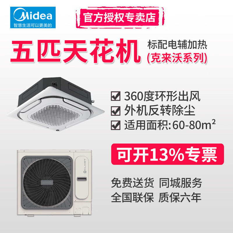 Midea five-horsepower ceiling machine, high static pressure, high energy efficiency central air conditioner, 2-horsepower, 3-horsepower Clavo series ceiling air conditioner, inverter heating and cooling, embedded office ceiling 220V patio machine, 5-horsepower, secondary energy efficiency 220V (bare metal)