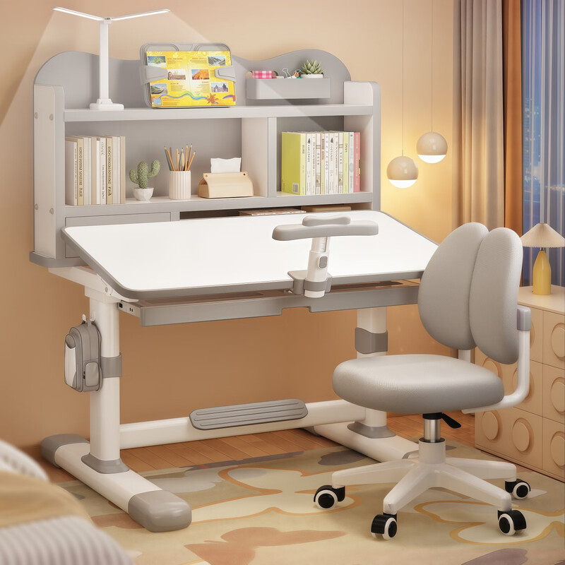 QIAOBAOBAO children's study desk and chair set can be raised and lowered with reading bookshelf, multi-functional desk and chair, student home desk, collection gray - environmentally friendly and aldehyde-resistant, three-layer large bookshelf