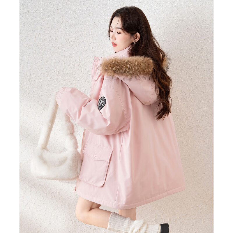 TonLion 2025 Winter Women's Left Sleeve Embroidered Badge Design Stand Tie Hat One-hand Long Down Jacket