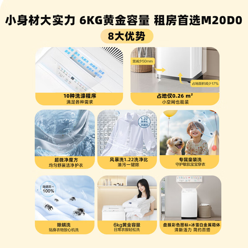 Yueji Pulsator Washing Machine Produced by Leader Haier Fully Automatic Home 6kg Mini Small Wind Rental House Jingdong Self-operated Renewal Subsidy XQBL60-M20D0