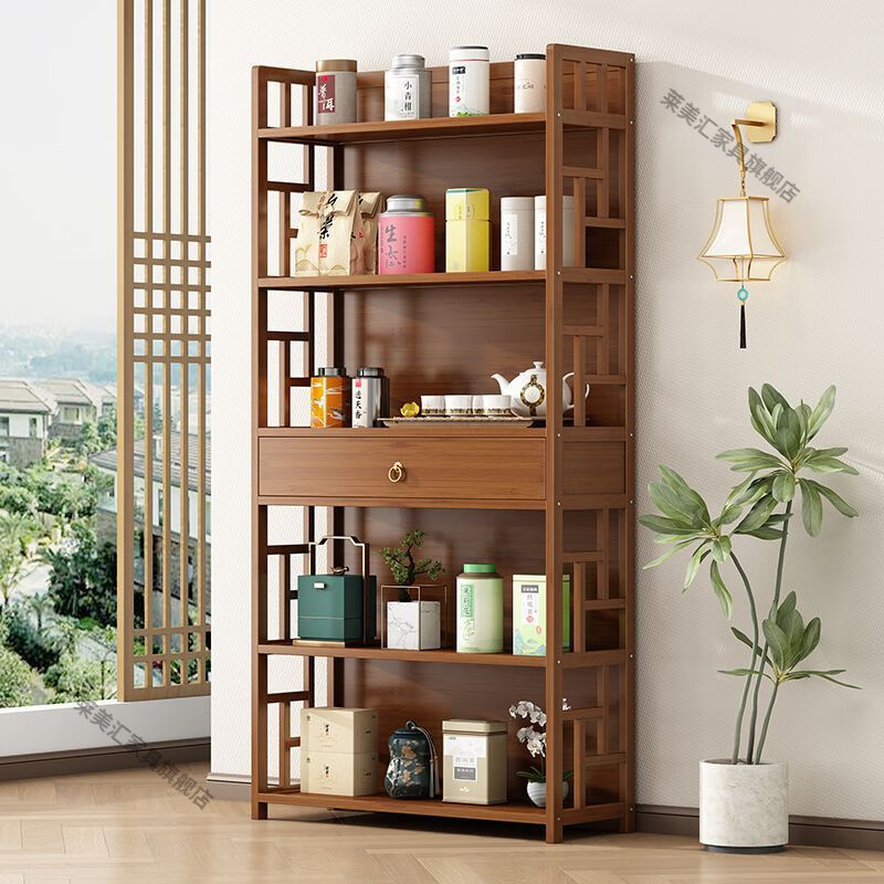 Laimeihui tea rack tea cabinet storage rack Bogu rack small tea set rack storage cabinet tea display cabinet tea room Duobao Pavilion 3 layers 50 long with drawer