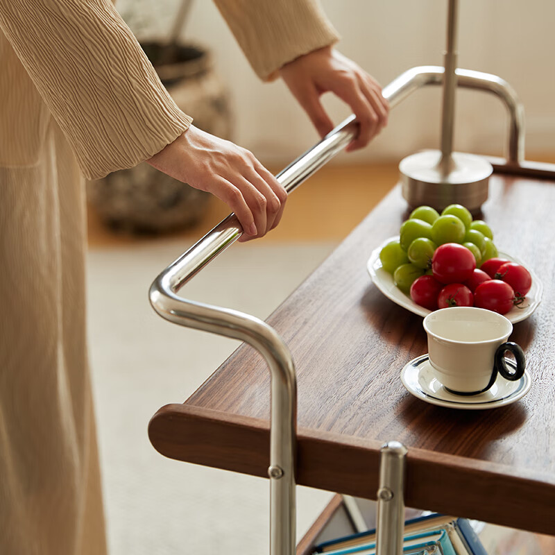 Mushi black walnut storage side table solid wood double-layer trolley bookshelf desk removable trolley coffee table storage rack ready stock black walnut storage trolley 680*320*780mm 1 piece