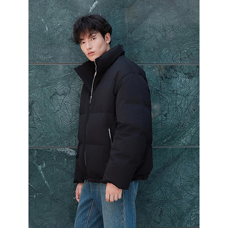 GXG men's plaid texture bread coat warm thick coat two-color short down jacket black 175/L