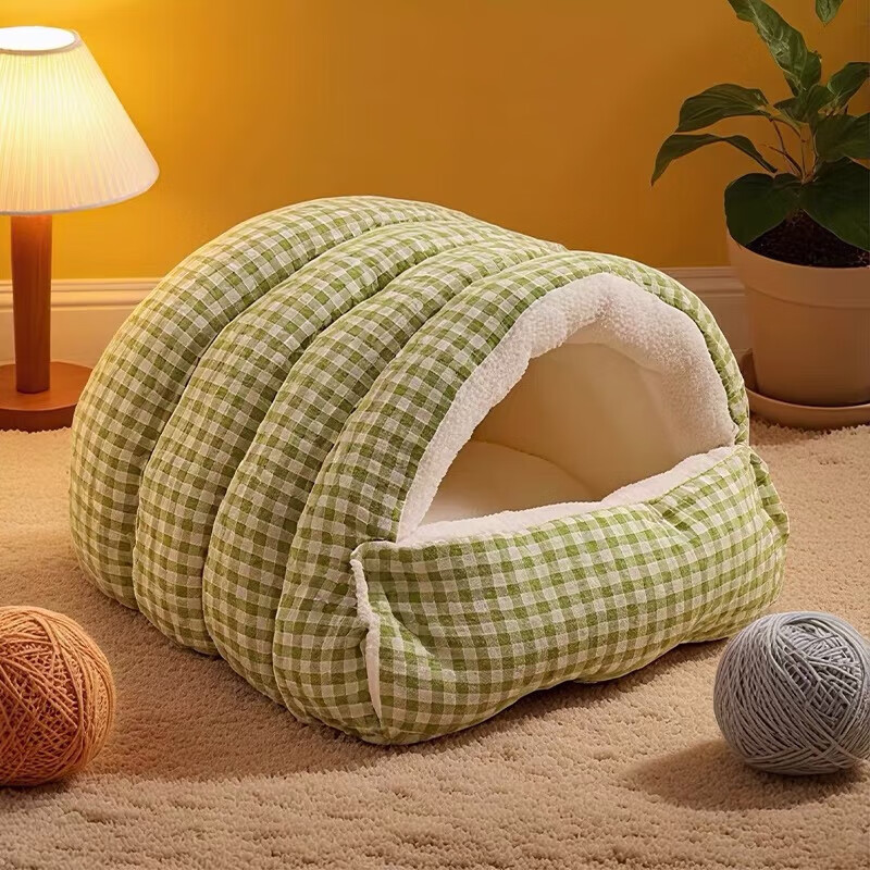 Jingxi self-operated - special brand cat kennel, closed cat bed, winter cat warm sleeping bag and velvet small kennel, door-to-door delivery, closed kennel - green plaid, large size 65*40*28 (open mouth) within 15 pounds