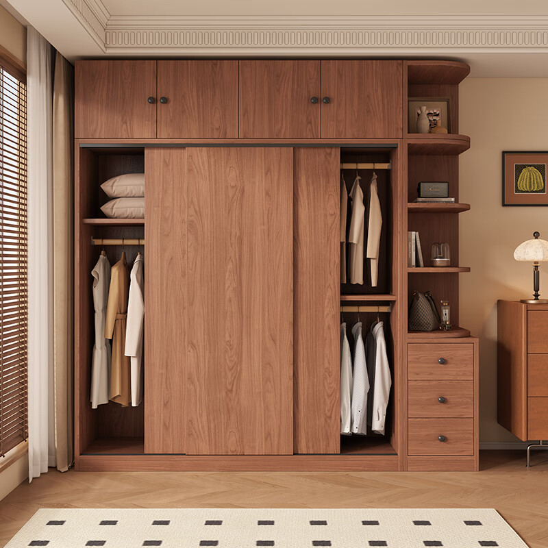 Guyuan Package Installation Wardrobe Bedroom Home New Chinese Style Storage Wardrobe Sliding Door Large Wardrobe 160*200*50 Main Cabinet + Top Cabinet + Side Cabinet