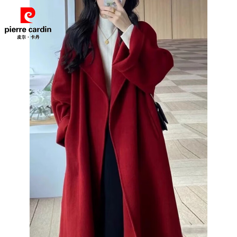 Pierre Cardin Sicilian red double-sided cashmere coat for women petite 2025 autumn and winter new loose-feeling woolen coat red XL