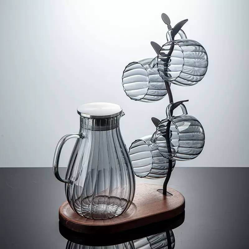 Yusenyi hot and cold glass high temperature resistant household cold water luxury hot water kettle light kettle living room high pot value water cup water set champagne color one pot 4 cups - solid wood combination rack 126 4ml