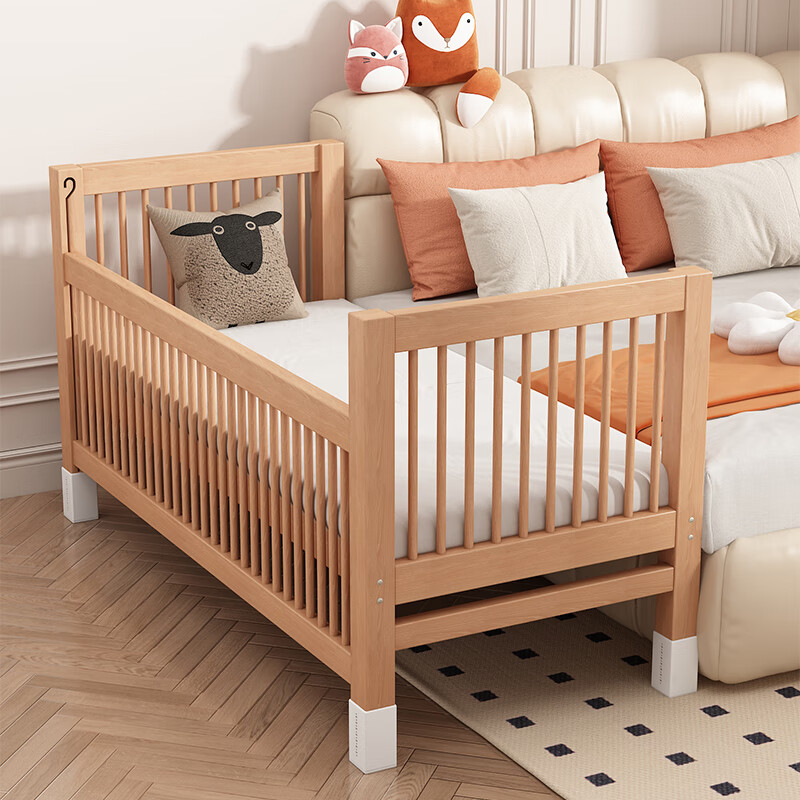 Intelligent Tree Beech Spliced Bed Crib Solid Wood Children's Bed Extra Wide Bedside Small Bed Flat Connected to Large Bed Adults Can Sleep Can Be Customized All Beech Wood Single Bedside Style + 7cm Removable and Washable Coconut Palm Latex Mat 180*70cm