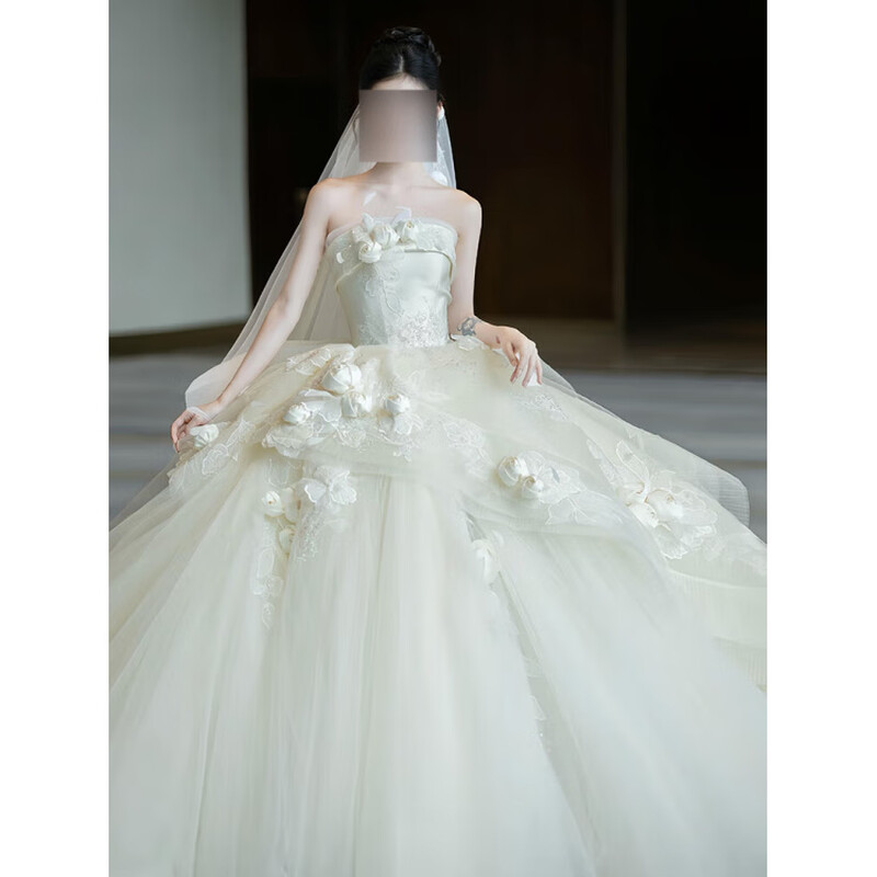 Xiaohanlu wedding dress bridal main yarn high-end French main 2025 new style tube top wedding going out yarn super fairy flower style light yarn floor-length style + wedding dress 3-piece set M recommended within 95 pounds