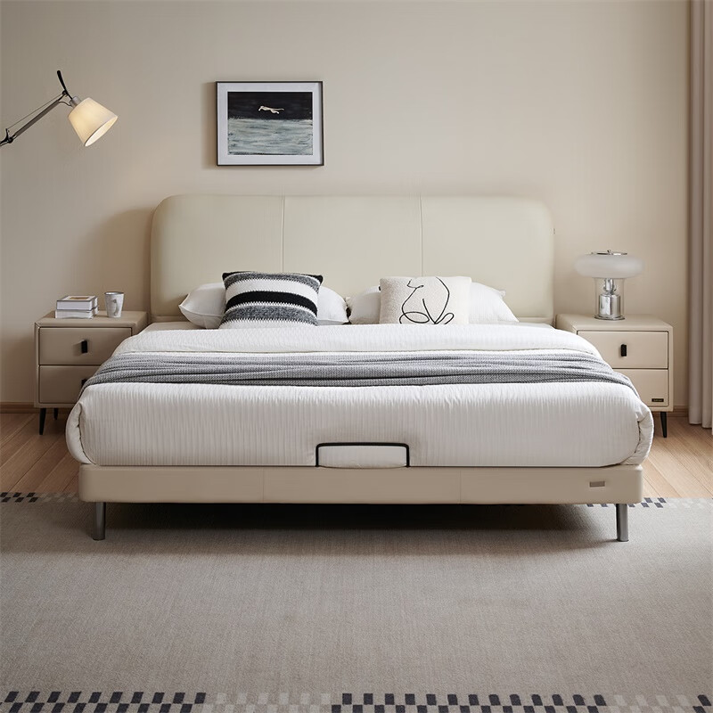 Quanyou Home Leather Bedside Cowhide Bedroom Double Soft Backrest Modern Simple Leather Art King Bed 1.5x1.9 Meters