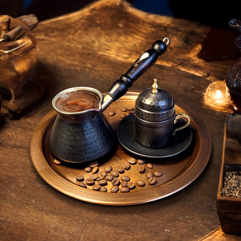 LOTURENK Turkish luxury handmade copper coffee pot, original imported handmade hammer-point brushed personalized creative mother-of-pearl wood handle, imported copper black handmade copper coffee pot 290ml