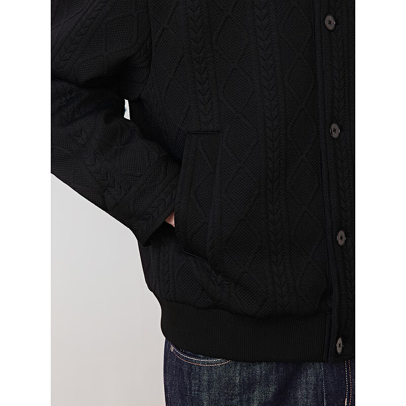 GXG Men's Knitted Jacquard Casual Jacket Cable Textured Lapel Jacket Black 180/XL