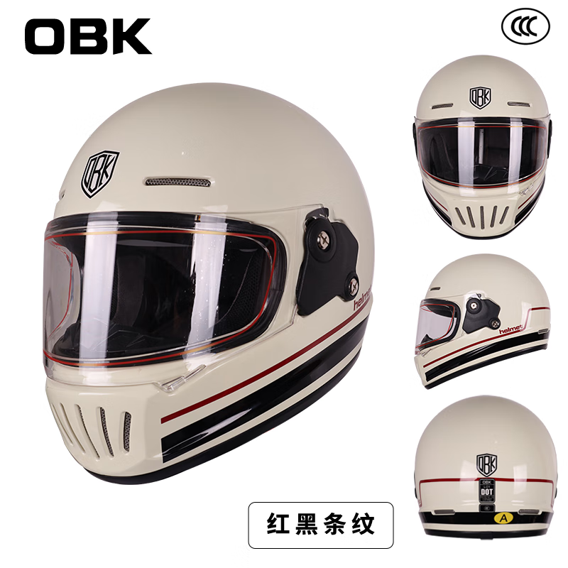 OBK3c all-season motorcycle anti-fog helmet retro helmet Bluetooth full-face cruise helmet unisex black and red strip single helmet 2XL