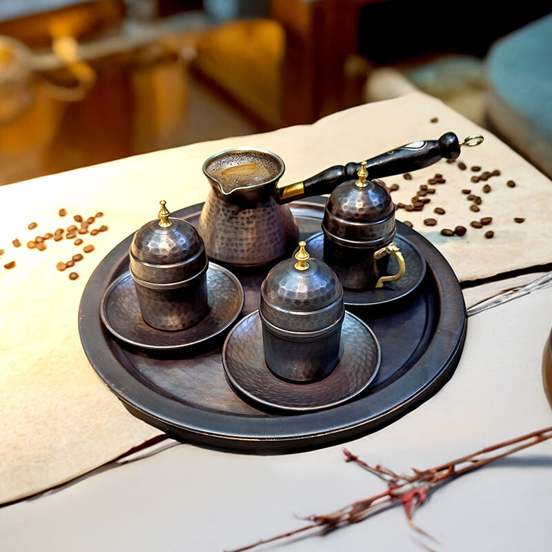 LOTURENK Turkish luxury handmade copper coffee pot, original imported handmade hammer-point brushed personalized creative mother-of-pearl wood handle, imported copper black handmade copper coffee pot 290ml