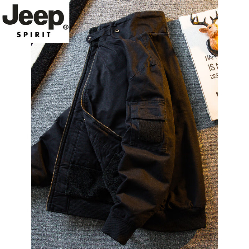 JEEP SPIRIT high-end lamb velvet stand-up collar workwear bomber jacket for men in autumn and winter warm plus velvet thickened cotton-padded jacket off-white M (95-115 pounds)