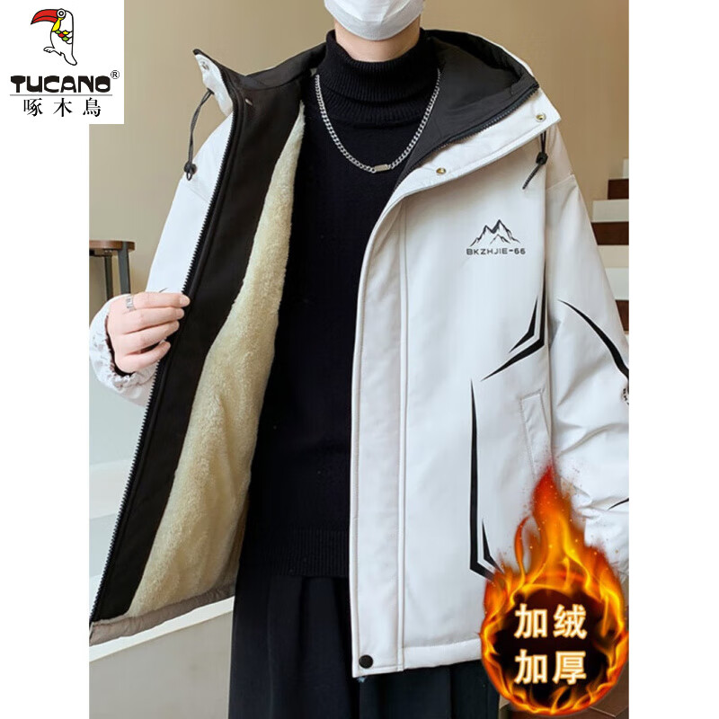 Woodpecker 2025 new youth autumn and winter velvet thickened jacket junior high school and high school students loose trendy sports jacket 10637-717 black (velvet coat) thickened 2XL 135-150 catties or so