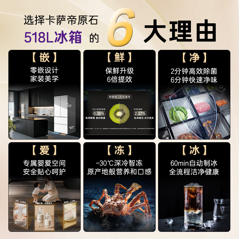 Casarte original stone 518L French style multi-door refrigerator MRA PLUS low oxygen storage and freshness automatic ice making dual system BCD-518WGCFDMGWUU1 517 same model national subsidy