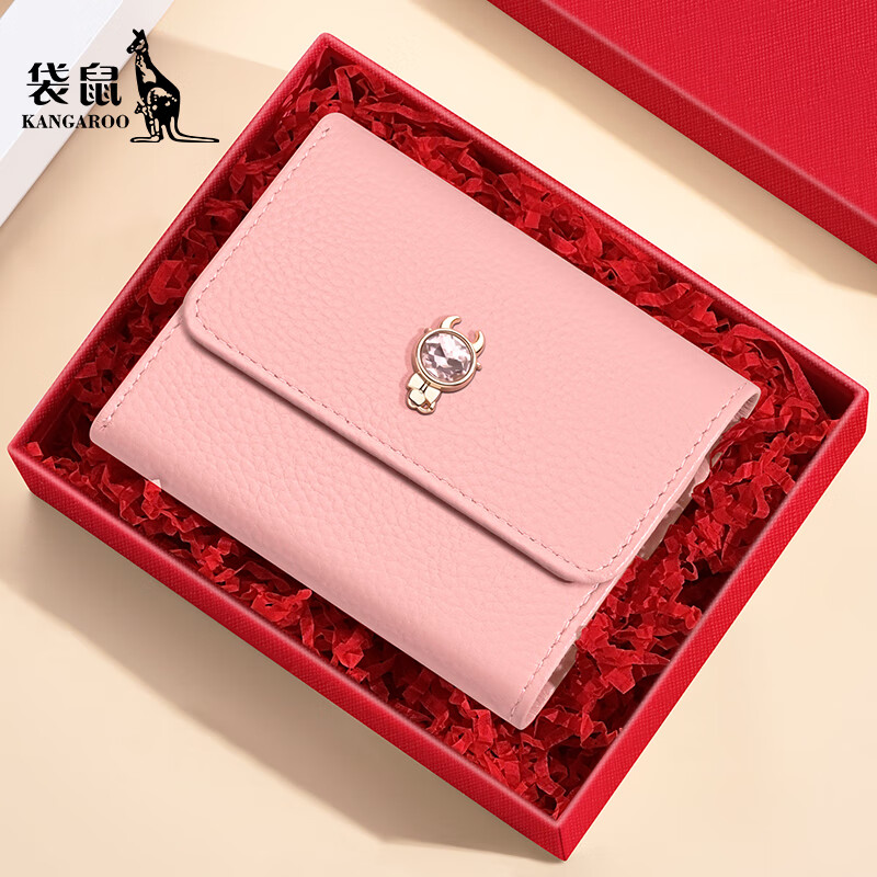 Kangaroo new women's wallet genuine leather new first-layer cowhide short wallet pink three-fold zodiac wallet card holder in one pink-dog