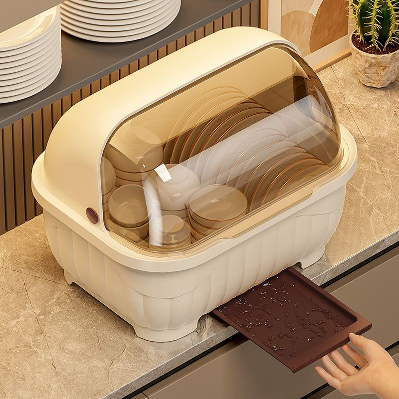 Popular model on the Internet Kitchen tableware storage box cupboard drawer-type storage rack with cover for dishes and dustproof food-grade bottle material 34*26*26cm cream brown can hold 12 bowls or 10 plates