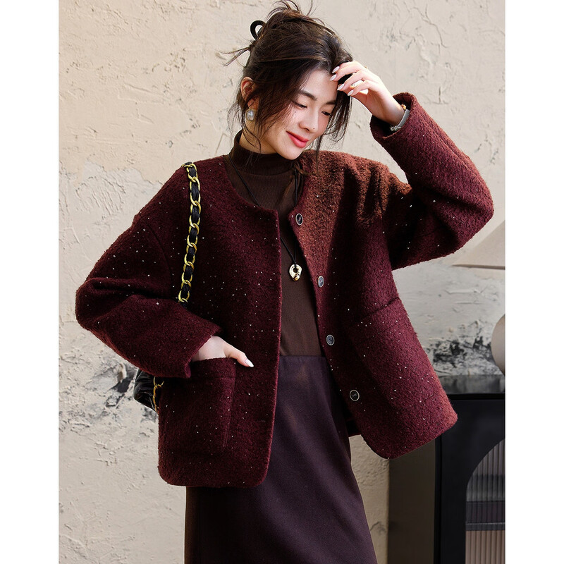 Demana luxury sheep wool winter intellectual round neck box-shaped thick warm sequined loose double-sided woolen coat for women