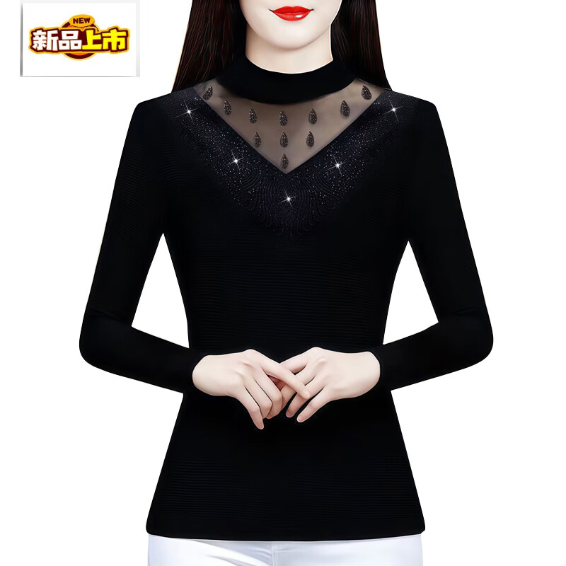 Initial diameter high-elastic mesh women's half turtleneck bottoming shirt 2025 autumn and winter new style plus velvet to keep warm and slim, western style long-sleeved top, black plus velvet XL