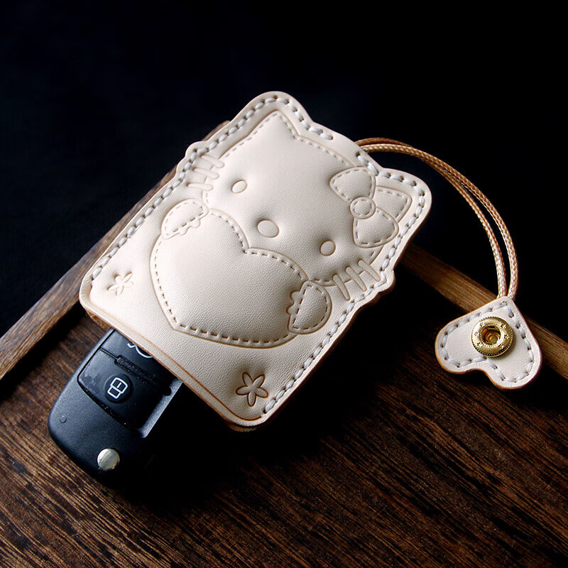 Handmade cowhide key bag pull-out genuine leather key cover cute KT cat key pendant key bag for women burgundy