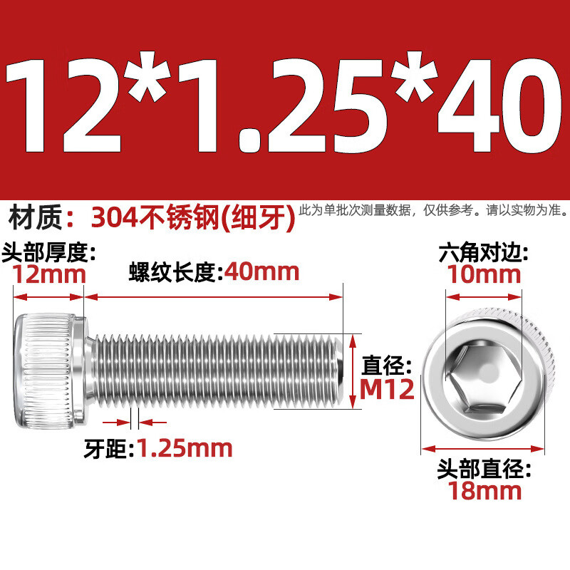 Tianzhuo Hardware Fine Thread Hexagon Screw 304 Stainless Steel Fine Thread Cylindrical Head Bolt M6M8M10M12*1/1.25/1.5mm M12*1.25*40 1 piece