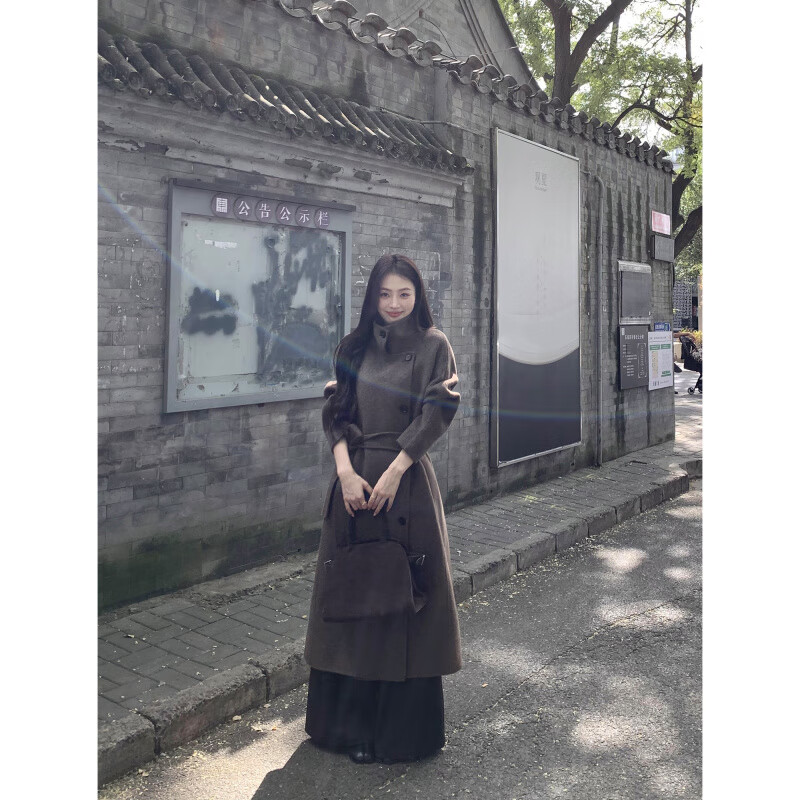 Pusumede Manchester City full wool double-sided woolen coat women's mid-length waisted woolen coat brown brown ready stock M