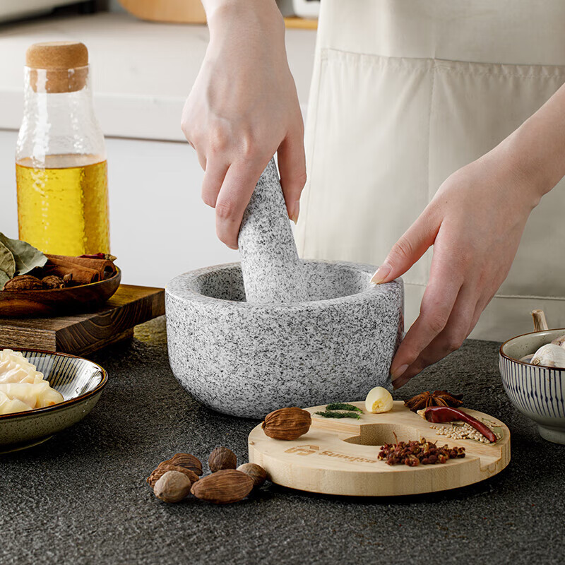 Home KATEI STORY Japanese garlic mash stone mortar granite garlic mortar manual pounding bowl garlic paste Chinese medicine grinder with cover splash-proof and dust-proof granite grinding stone mortar set