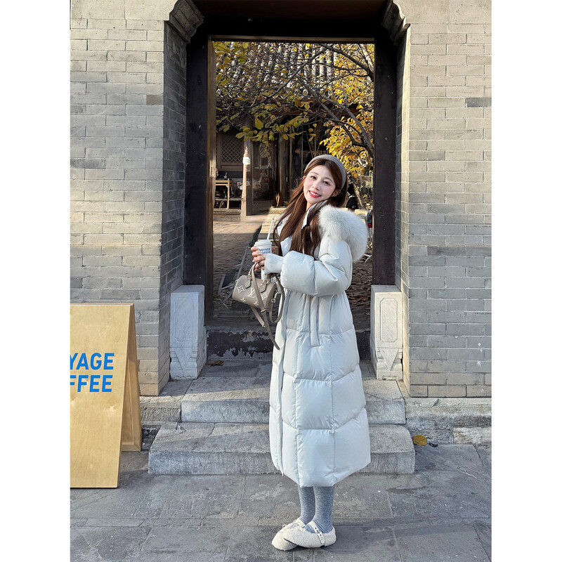 Yingci Quality | Yunduo Big Quilt Samsung Goose Down Jacket Women's Winter Jacket Fox Fur Waist Long Down Jacket Baby Blue Goose Down Jacket S 158-163cm 90-105 catties