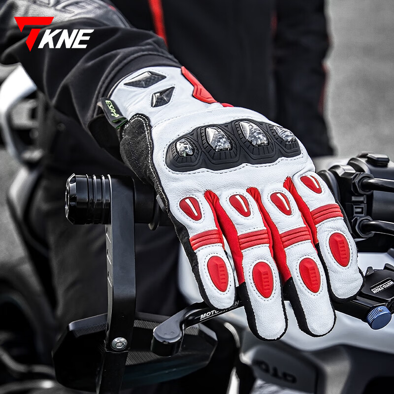 TKNE winter motorcycle riding gloves anti-fall, warm and waterproof red carbon fiber + waterproof and warm L