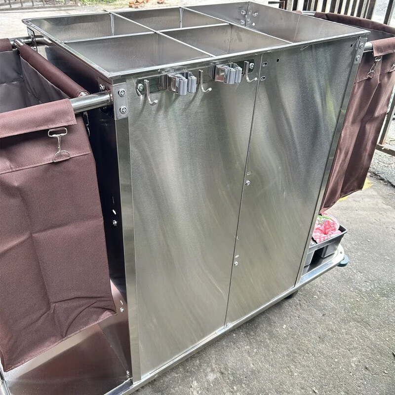 Hotel linen cart, hotel room service cart, stainless steel cart, double-sided cart, cleaning cart, work cart, silent, thickened bilateral 5-inch ceramic tiles, silent - disassembly and assembly - with mop
