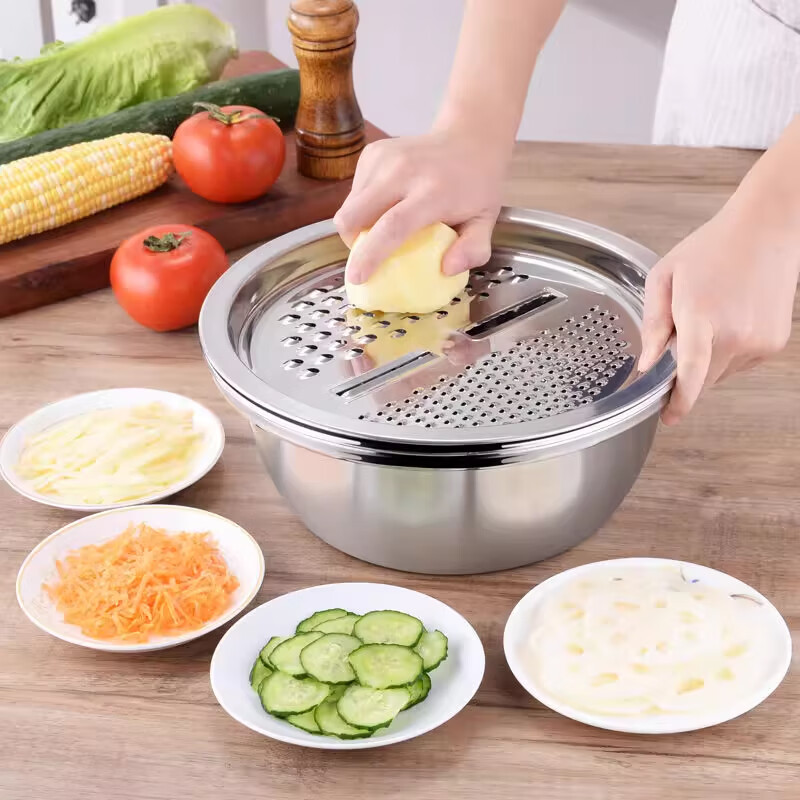 Xin Cong vegetable cutting basin multi-functional stainless steel food-grade grating plate potato slices vegetable radish grating piece grater artifact stainless steel three-piece set basin + drain basin + grating plate