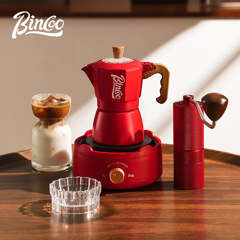 Bincoo double-valve Moka pot household electric stove coffee pot small espresso hand-ground coffee machine set for two people white double-valve Moka pot--4-piece set
