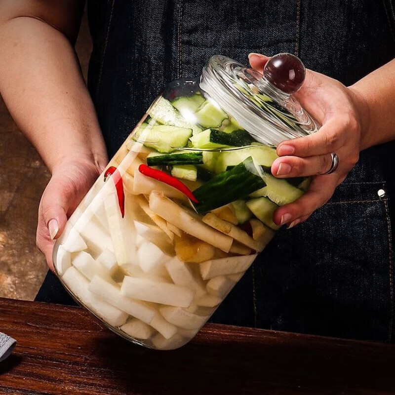 Panxudou thickened glass pickle jar household sealed salty pickled vegetable jar Sichuan pickled vegetable jar chili sauce Laba garlic pickled wine jar 6 catties (pickle sticker + clip + brush)