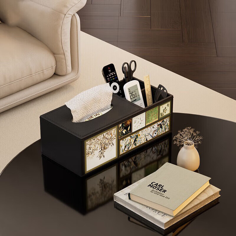 FAJIENUO tissue box storage medium antique style leather creative living room light luxury high-end tissue box Huazui Jinyin (large size)