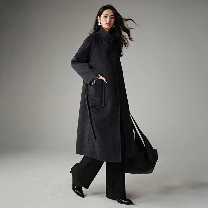 Late white, loose-fitting, relaxed wool coat, winter lace-up design, warm long coat for women, carbon gray M