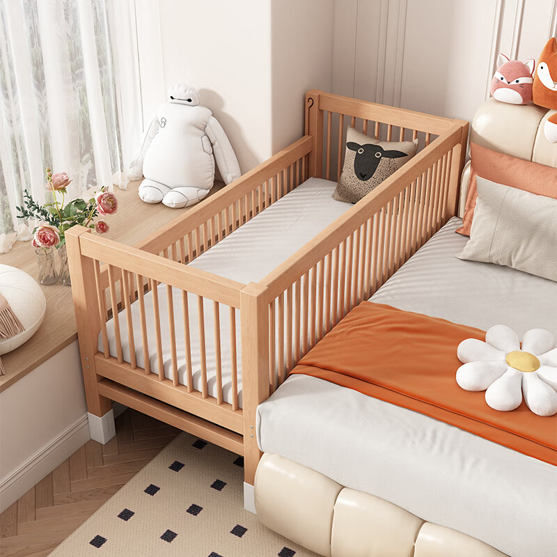 Intelligent Tree Beech Spliced Bed Crib Solid Wood Children's Bed Extra Wide Bedside Small Bed Flat Connected to Large Bed Adults Can Sleep Can Be Customized All Beech Wood Single Bedside Style + 7cm Removable and Washable Coconut Palm Latex Mat 180*70cm