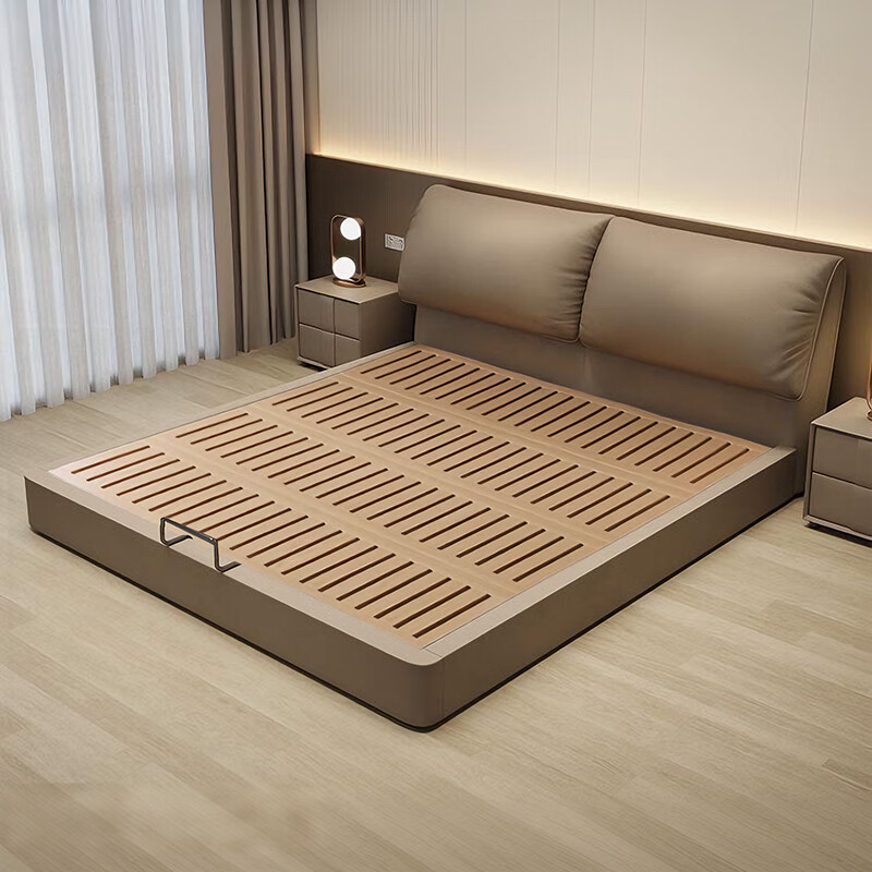 Wanquanxi elephant ear leather bed modern simple storage with drawers Italian minimalist double bed bed + 20cm knitted spine coconut palm mattress 1.8*2 meters frame bed 15cm steel wood bed board