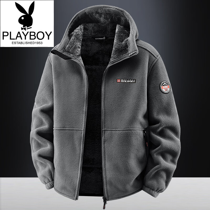 Playboy (PLAYBOY) Polar Fleece L Hooded Jacket Zipper Cardigan Men's Jacket Autumn and Winter Velvet Thickened Sports Fleece Warm Sweater Dark Blue Y710 Hooded Velvet 4XL (Recommended 175-190 catties)